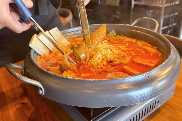 Army base stew (budae-jjigae) at Yuk Dae Jang in Irvine. (Brock Keeling, SCNG)
