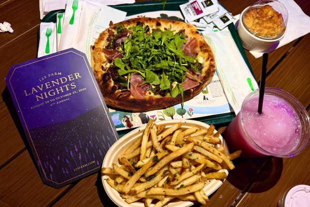 Lavender goat cheese and fig pizza, rosemary garlic fries with lavender ranch, and a frozen lavender lemonade from 123 Farms in Cherry Valley. (Mercedes Cannon-Tran, SCNG)