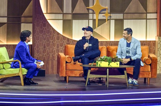 John Stamos interviews Kevin Feige, president of Marvel Studios and the chief creative officer, and Executive Creative Director at Walt Disney Imagineering Brent Strong during Horizons: A Carousel of Progress showcase at the Honda Center on Saturday, August 15, 2026, in Anaheim. The event is part of the three-day D23 fan expo at the Anaheim Convention Center. (Photo by Jeff Gritchen, Orange County Register/SCNG)
