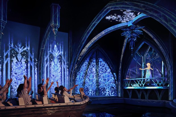 The Frozen Ever After boat ride in the World of Frozen themed land in the Disney Adventure World theme park at the Disneyland Paris resort in France. (Courtesy of Disney)