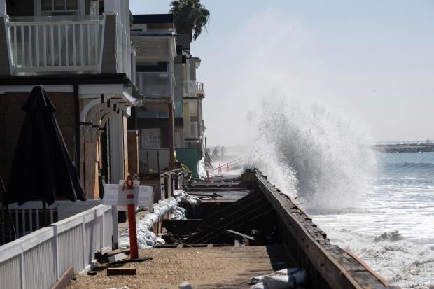 Waves crash into the oceanfront bulkhead along the Long Beach Peninsula on Thursday, October 8, 2026. (Photo by Drew A. Kelley, Press-Telegram/SCNG)