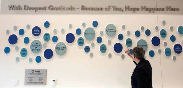 The donor wall showcasing the mental health facility's public and private partnership at the Be Well OC mental health facility at the Great Park in Irvine on Tuesday, March 10, 2026. (Photo by Mindy Schauer, Orange County Register/SCNG)