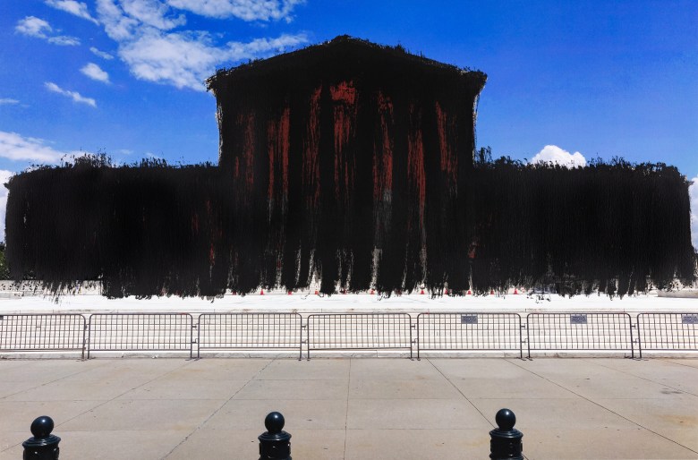 The U.S. Supreme Court building partially obscured by a heavy black painted brushstroke effect.