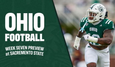 Ohio Football linebacker Jermaine Minnis in pursuit in win against Central Michigan