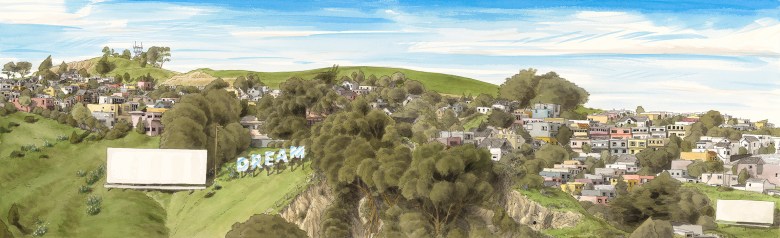 Watercolor painting of a hillside town featuring a large “DREAM” sign nestled among trees and houses, with a blank drive-in movie screen in the foreground.