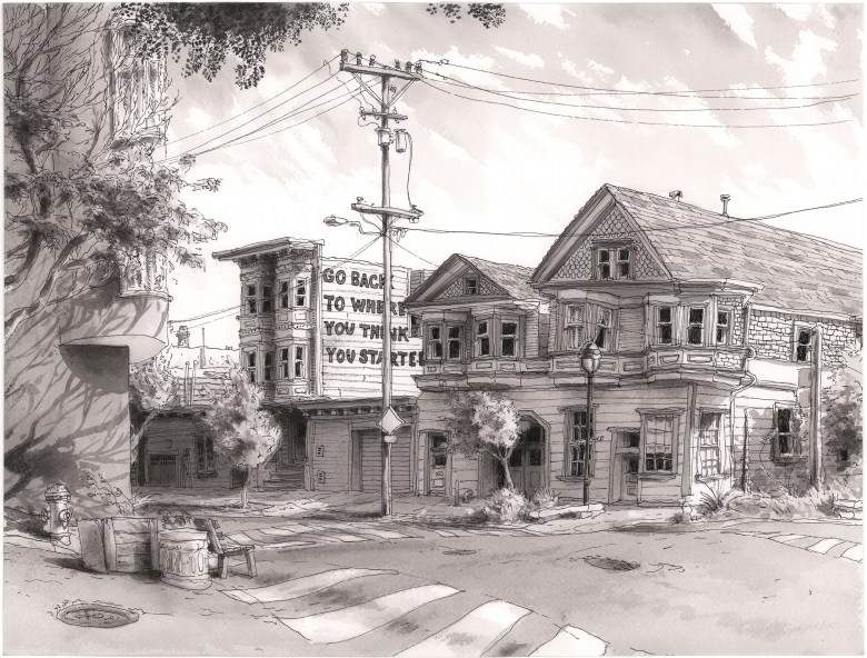 A monochrome ink drawing of a street corner featuring old houses and a building with the words “GO BACK TO WHERE YOU THINK YOU STARTED” painted on its side.