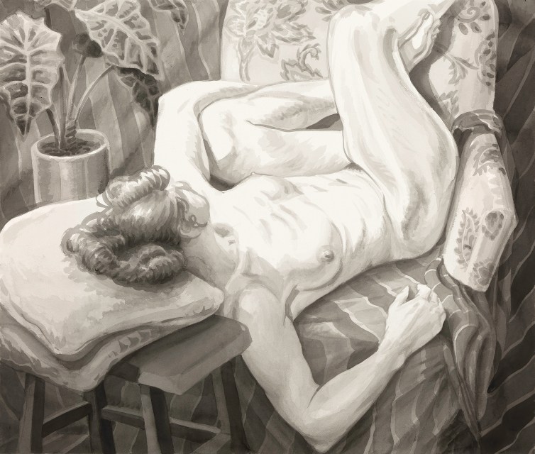A grayscale painting of a nude person reclining on a patterned chair, with their legs elevated and head resting on a pillow.