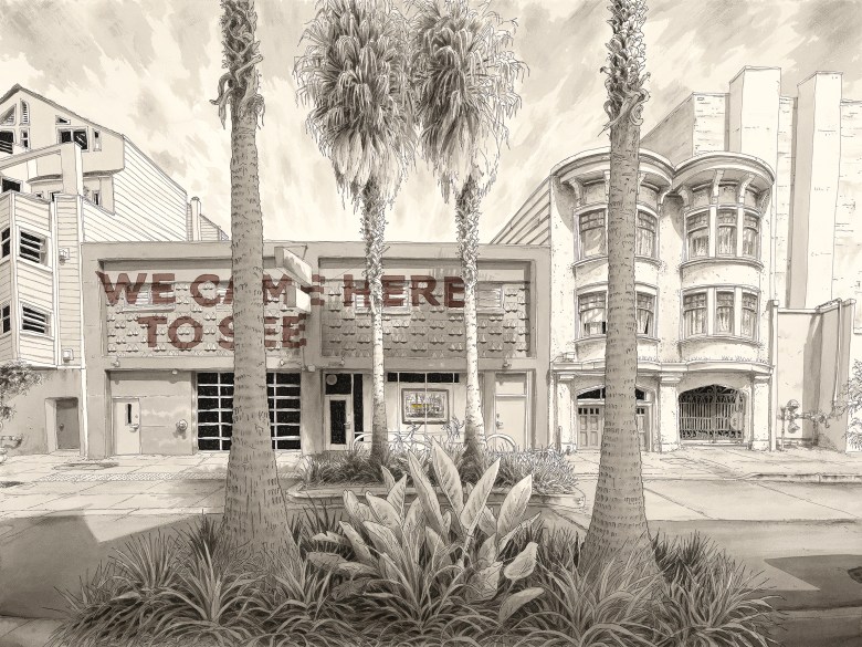 A sepia-toned illustration of a street scene featuring a building marked “WE CAME HERE TO SEE,” flanked by palm trees and a Victorian-style house.