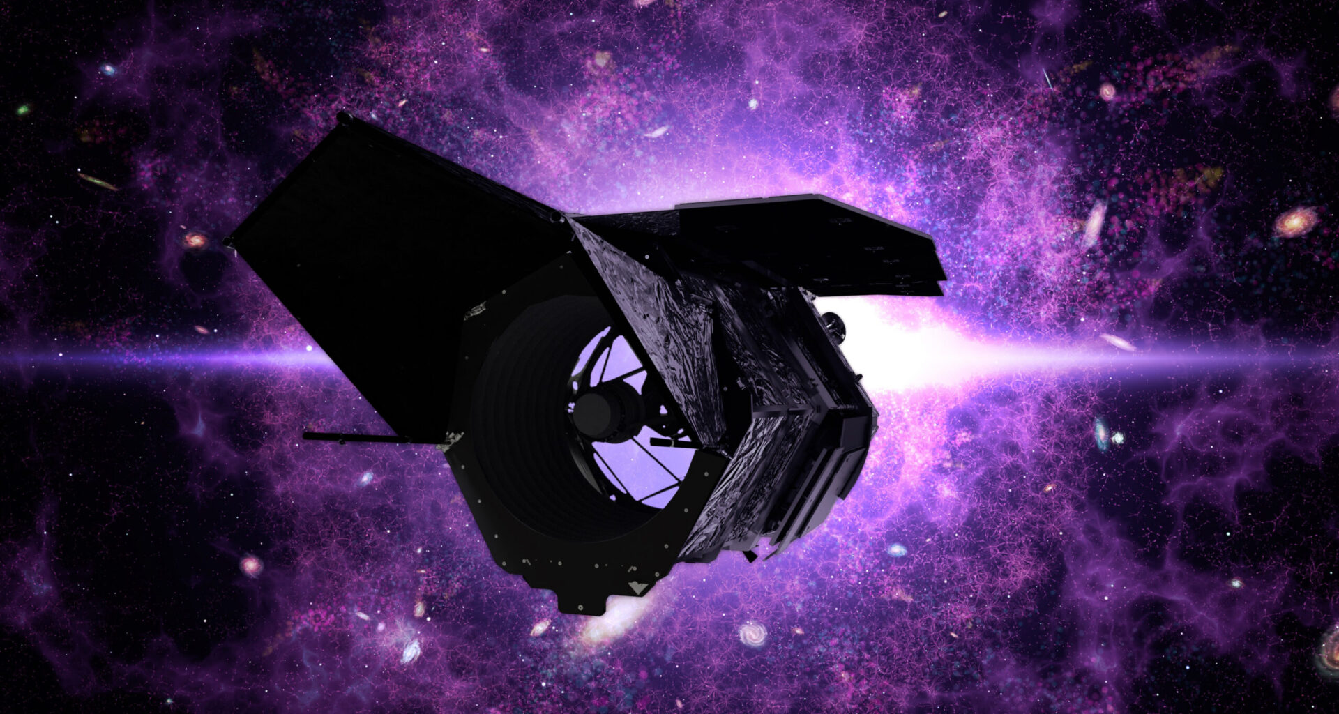 a dark spacecraft silhouetted against a bright explosive, purple and violet background