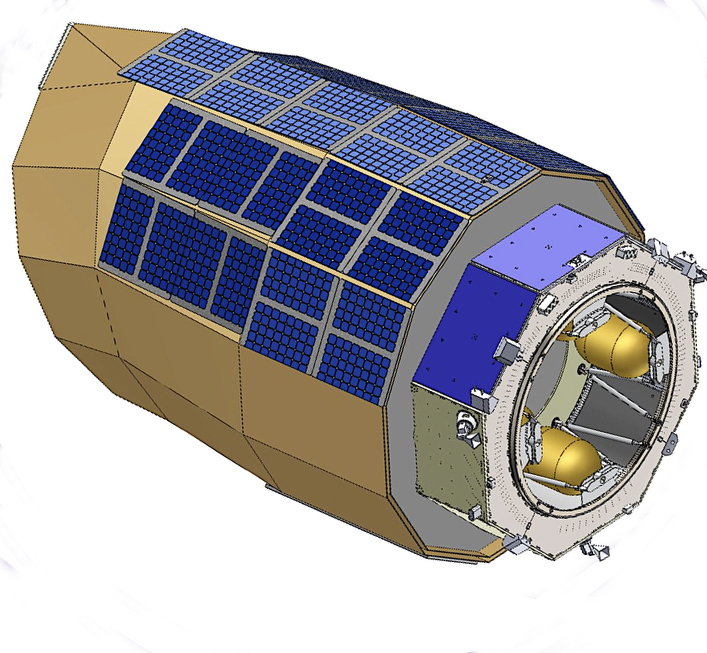 a blue and gold drawing of a cylindrical telescope