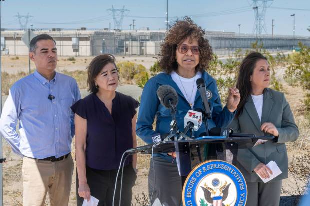 Congressmember Sydney Kamlager-Dove, D-Los Angeles, speaks during a news conference near the Adelanto detention facility on Friday, Oct. 16, 2026. Kamlager-Dove toured the facility with Reps. Robert Garcia, D-Long Beach, left, Judy Chu, D-Pasadena, second from right, and Luz Rivas, D-Arleta. (Photo by James Quigg, Contributing Photographer)