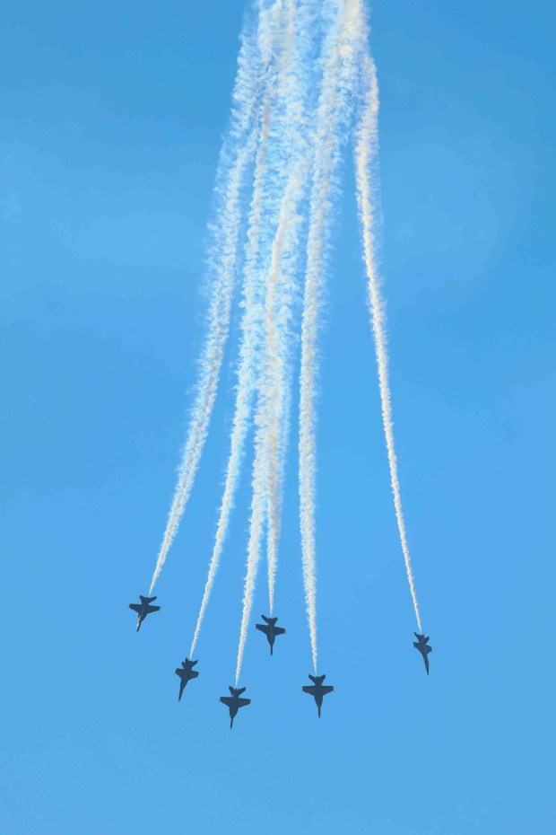 The U.S. Navy Blue Angels fly over the San Francisco Bay during a practice flight for San Francisco Fleet Week, as seen from Treasure Island in San Francisco, Calif., on Thursday, Oct. 8, 2026. (Ray Chavez/Bay Area News Group)