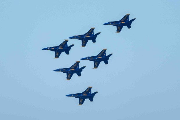 The U.S. Navy Blue Angels fly over the San Francisco Bay during a practice flight for San Francisco Fleet Week, as seen from Treasure Island in San Francisco, Calif., on Thursday, Oct. 8, 2026. (Ray Chavez/Bay Area News Group)