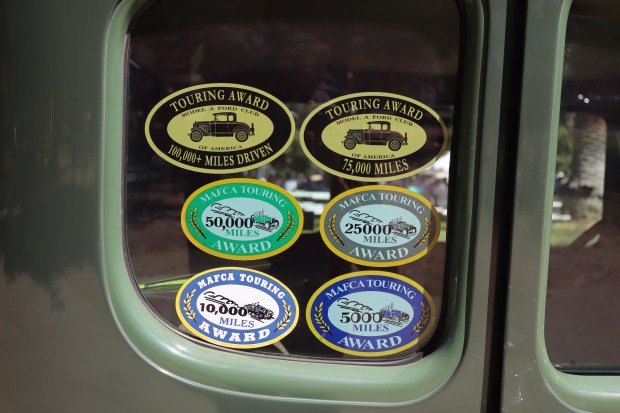 Hard-earned stickers with miles driven on this 1930 Ford Model A at the 26th annual Cars in the Park at History Park in San Jose, Calif., on Saturday, September 12, 2026. (Kaitan Pawar/Mosaic)