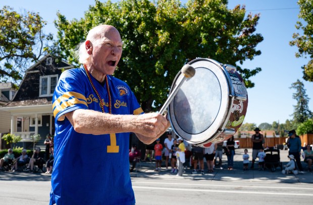 "Krazy George" Henderson beats his drum and cheers on during the 57th Santa Clara Parade of Champions in Santa Clara, Calif., on Saturday, Oct. 3, 2026. (Thien-An Truong for Bay Area News Group)