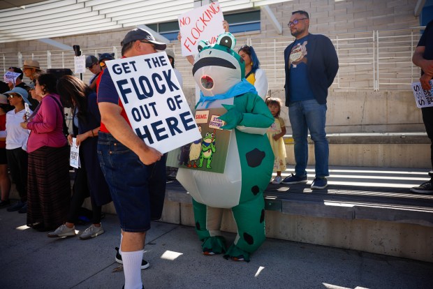 People protest Flock cameras at San Jose City Hall in downtown San Jose, Calif., on Wednesday, Sept. 30, 2026. (Shae Hammond/Bay Area News Group)