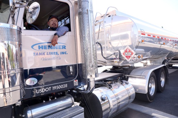 Tank truck driver Francisco Rios, of Sacramento, gets ready to leave after delivering 8,600 gallons of gas to a Shell station on Olivera Road near Port Chicago Highway in Concord, Calif., on Wednesday, Sept. 30, 2026. (Jane Tyska/Bay Area News Group)