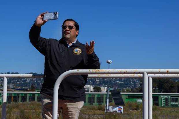 California State Senate member Jesse Arreguín records a video during a site tour of the Golden Gate Fields in Albany, Calif., on Monday, Oct. 5, 2026. The historic horse racing track closed in 2024 after 83 years of racing and will be converted into a new bayfront public park. (Jose Carlos Fajardo/Bay Area News Group)