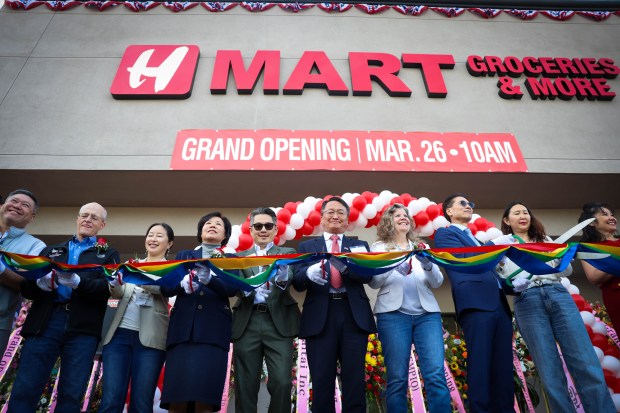 Jung-taek Lim, Consulate General of the Republic of Korea in San Francisco, center, cuts the ribbon among elected officials during the opening ceremony for H Mart in Dublin, Calif., on Thursday, March 26, 2026. (Shae Hammond/Bay Area News Group)