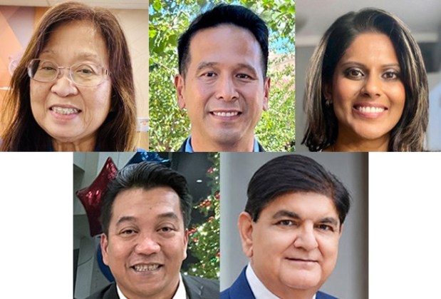 Milpitas City Council candidates, from top left, Jennie Ha Phan, Bill Chuan, Seema Kanani, Garry Barbadillo, and Dipak Awasthi. (Courtesy Photos)