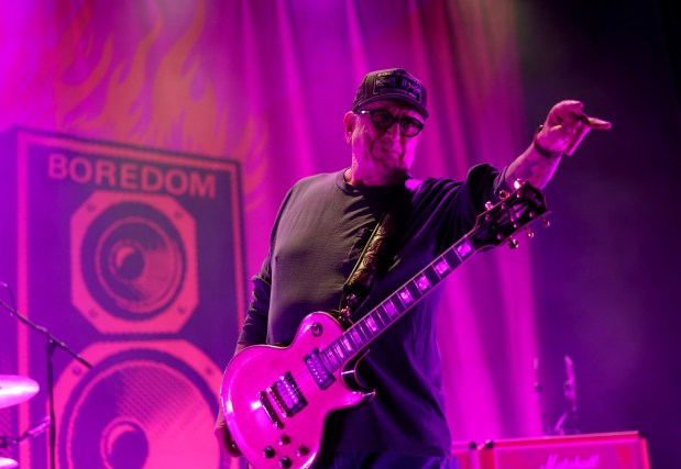 Guitarist Steve Jones gestures to the crowd as he performs with the Sex Pistols at The Warfield in San Francisco, Calif., on Wednesday, Oct. 14, 2026. (Jane Tyska/Bay Area News Group)