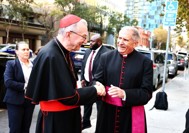Cardinal Pietro Parolin, the Vatican Secretary of State, left, is greeted by Msgr. Francis Cilia outside St. Joseph Cathedral Basilica in downtown San Jose on on Sunday, Sept. 27, 2026. (Jamil Dababneh/Diocese of San Jose)