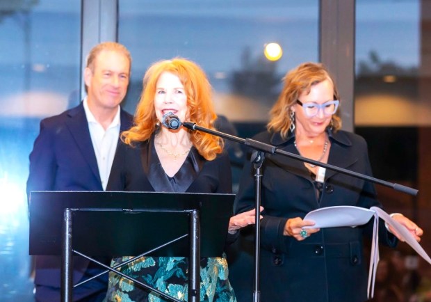 Our City Forest founder Rhonda Berry, center, speaks as emcees Scott Budman and Marla Davies look on during a fundraising gala held Sept. 25, 2026 at the Mexican Heritage Plaza in San Jose. (Courtesy Our City Forest)