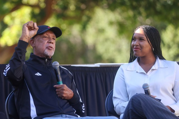 Dr. John Carlos speaks with Ma'Kayla Akin, Associated Students President, about standing up for human rights during the 1968 Mexico City Olympics at San Jose State in San Jose, Calif., on Wednesday, Oct. 14, 2026. (Shae Hammond/Bay Area News Group)