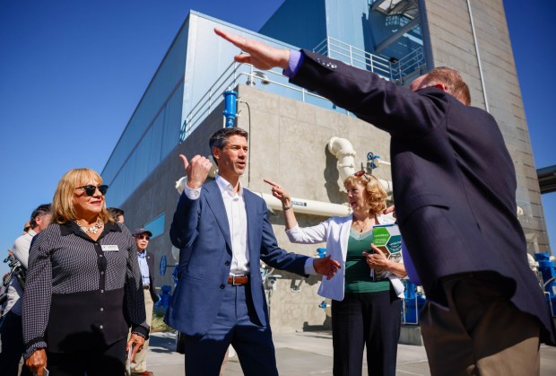 Milpitas Mayor Carmen Montano, San Jose Mayor Matt Mahan, and Santa Clara Councilmember Karen Hardy are guided on a tour by Mark Wilson, design manager, at San José -Santa Clara Regional Wastewater Facility in San Jose, Calif., on Thursday, Oct. 15, 2026. (Shae Hammond/Bay Area News Group)