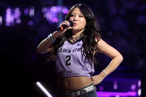 Oscar- and Grammy-winning artist Rei Ami, of "K-Pop Demon Hunters," performs during halftime of Game 2 of the WNBA semifinals between the Golden State Valkyries and the Las Vegas Aces at Chase Center in San Francisco on Wednesday, Oct. 7, 2026. (Ray Chavez/Bay Area News Group)