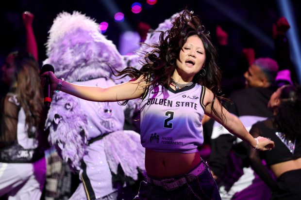 Oscar- and Grammy-winning artist Rei Ami, of "K-Pop Demon Hunters," performs during halftime of Game 2 of the WNBA semifinals between the Golden State Valkyries and the Las Vegas Aces at Chase Center in San Francisco on Wednesday, Oct. 7, 2026. (Ray Chavez/Bay Area News Group)