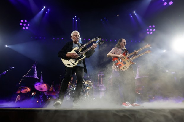 Rush's Alex Lifeson, left, and Geddy Lee perform during their "Fifty Something Tour" at the SAP Center in San Jose, Calif., on Thursday, Oct. 15, 2026. (Nhat V. Meyer/Bay Area News Group)