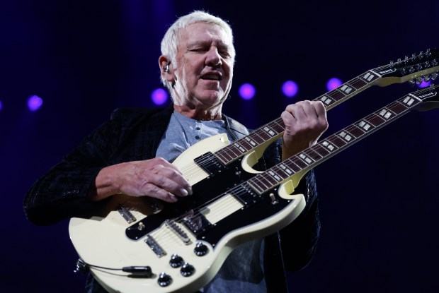 Rush's Alex Lifeson performs during their "Fifty Something Tour" at the SAP Center in San Jose, Calif., on Thursday, Oct. 15, 2026. (Nhat V. Meyer/Bay Area News Group)