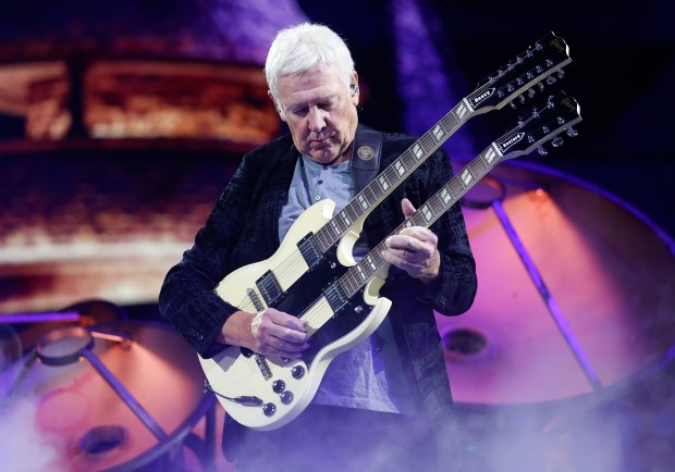 Rush's Alex Lifeson performs during their "Fifty Something Tour" at the SAP Center in San Jose, Calif., on Thursday, Oct. 15, 2026. (Nhat V. Meyer/Bay Area News Group)