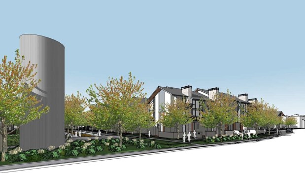 Street-level view of the Agrihood residential development at 76 North Winchester Boulevard near Stevens Creek Boulevard, image concept. (Steinberg Hart)