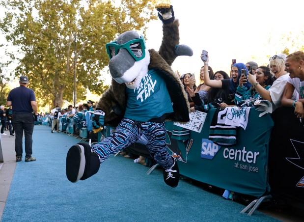 San Jose Sharks mascot S.J. Sharkie dances during the Teal Carpet arrivals before their first home game against the Florida Panthers at the SAP Center in San Jose, Calif., on Thursday, Oct. 1, 2026. (Nhat V. Meyer/Bay Area News Group)