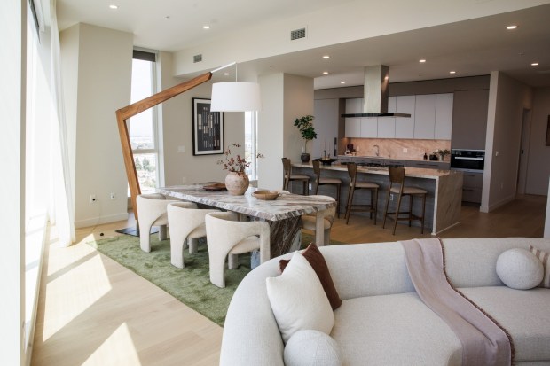 The living room of a penthouse at the 188 West Saint James housing tower is seen on Aug. 17, 2026, in downtown San Jose, Calif. (Dai Sugano/Bay Area News Group)