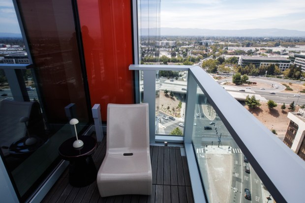 A balcony of a penthouse at the 188 West Saint James housing tower is seen on Aug. 17, 2026, in downtown San Jose, Calif. (Dai Sugano/Bay Area News Group)