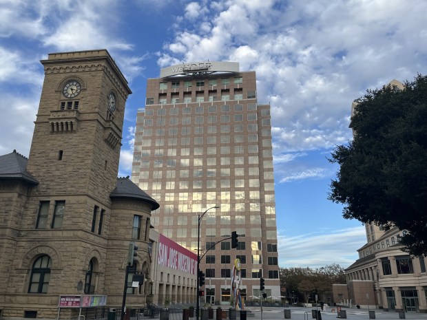 An office tower at 50 West San Fernando Street in downtown San Jose starts to display part of the Wells Fargo logo on the building's rooftop, as seen on Oct. 19, 2026. (George Avalos/Bay Area News Group)