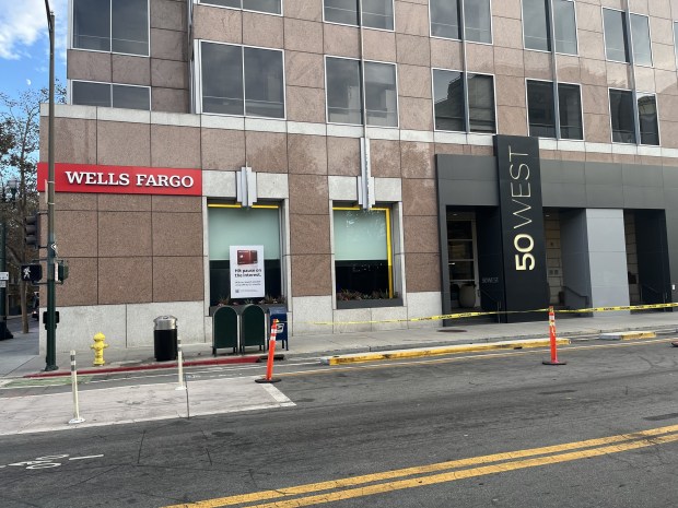 Ground-level view of an office tower at 50 West San Fernando Street in downtown San Jose, as seen on Oct. 19, 2026. (George Avalos/Bay Area News Group)