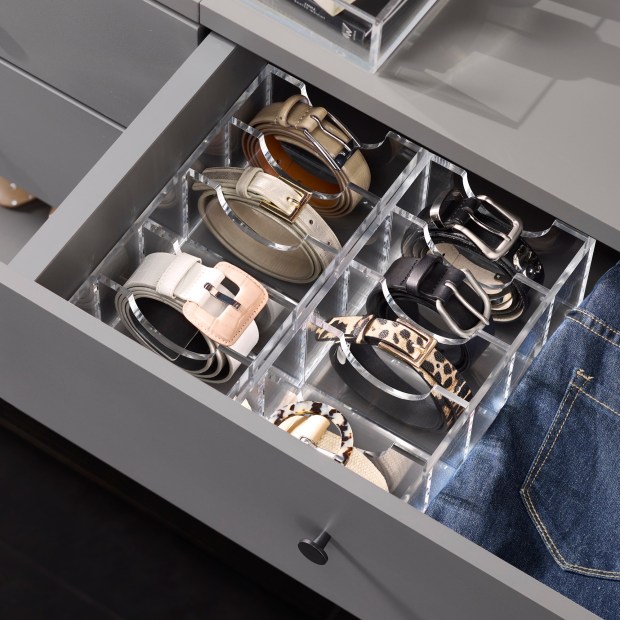 Even simple belts can look elevated when they're stored in The Container Store's Luxe Acrylic Belt Storage. (Jesus Prieto / The Container Store)