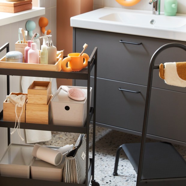 Rolling metal carts are workhorses, and the Nissafors Utility Cart from Ikea is versatile enough to be used in the bedroom, home office, bathroom and kitchen. (Ikea)