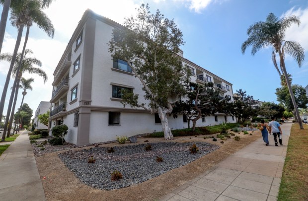 A three-story apartment building on Orange Avenue in an area a ballot measure looks to increase density. (Hayne Palmour IV / For The San Diego Union-Tribune)