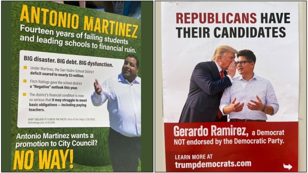 In the San Diego City Council race in District 8, outside political committees have sent negative mailers attacking both candidates, Antonio Martinez and Gerardo Ramirez. (Courtesy)