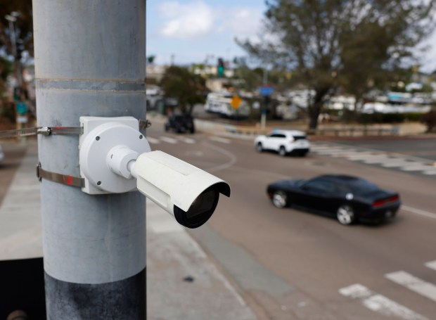 San Diego, CA - October 21: One of the City of San Diego's 500 surveillance cameras and automated license plate reader technology is attached to a light pole on Morena Blvd. on October 21, 2026 in San Diego, CA. (K.C. Alfred / The San Diego Union-Tribune)