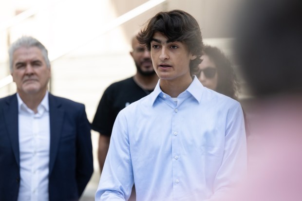 Nikhil Plettner Booker, 17, youth commissioner on the San Diego County Juvenile Justice Commission, speaks during a press conference in front of the San Diego County Superior Courthouse on Friday, Aug. 28, 2026, in San Diego. (Luke Johnson / The San Diego Union-Tribune)