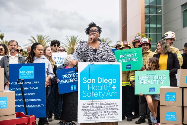 Crystal Irving, SEIU Local 221 president, speaks at a press conference as labor unions and nonprofits turn in signatures for Measure B on Monday, May 4, 2026, in San Diego. (Zoë Meyers / For The San Diego Union-Tribune)