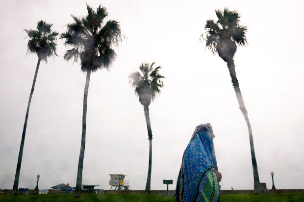 A person uses a towel to avoid the rain at Mission Beach on Saturday, Oct. 10, 2026 in San Diego, California. (Meg McLaughlin / The San Diego Union-Tribune)