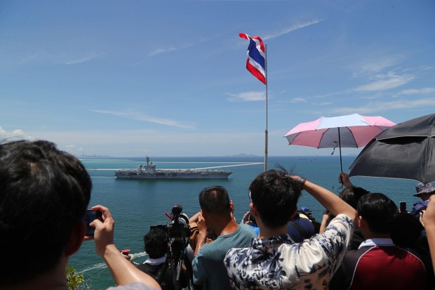 SI RACHA, THAILAND - SEPTEMBER 06: The USS Abraham Lincoln (CVN-72) aircraft carrier departs Laem Chabang Port on September 06, 2026 in Si Racha, Thailand. The U.S. aircraft carrier made a port visit to Thailand following an extended deployment in the Middle East. Nearly 5,000 sailors and Marines aboard the carrier took shore leave in nearby Pattaya. (Photo by Thananuwat Srirasant/Getty Images)
