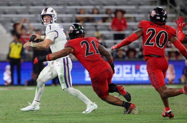 San Diego State could be without linebacker Tano Letuli (21) against Fresno State. (Hayne Palmour IV / For The San Diego Union-Tribune)